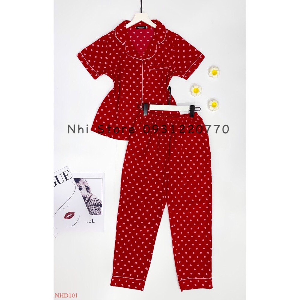 [FREESHIP 50K] BỘ MẶC NHÀ NHISTORE PIZAMA  QUẦN DÀI TAY NGẮN HỌA TIẾT CHẤM BI SIZE 45-75KG