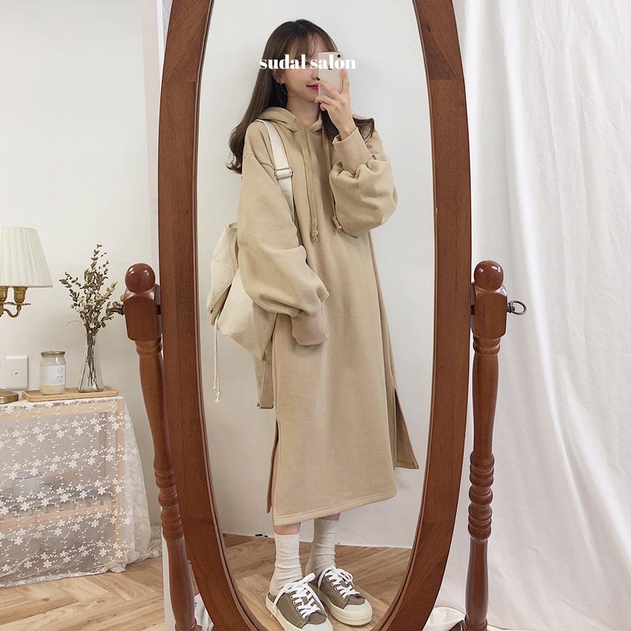 Đầm Hoodie Tay Dài Dáng Rộng Màu Sắc Đơn Giản Có Size Lớn 650