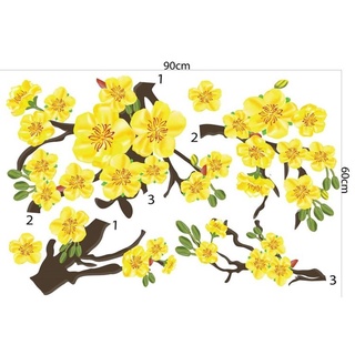 Decal trang trí Tết Mai vàng nở rộ, giấy dán tường tết 2022, tranh dán kính, tường nhà cành Đào hồng khoe sắc xinh xắn