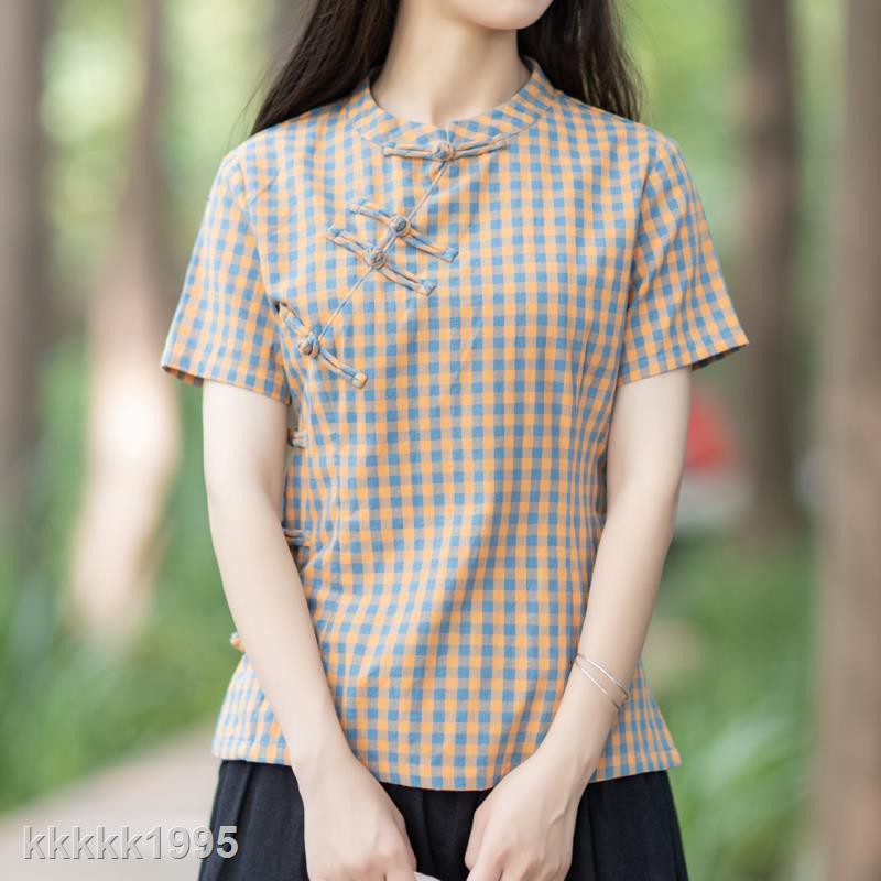 Áo Kiểu Sườn Xám Cách Tân Vải Cotton Kẻ Sọc Ca Rô Cài Nút Kiểu Retro Trung Hoa Dễ Thương