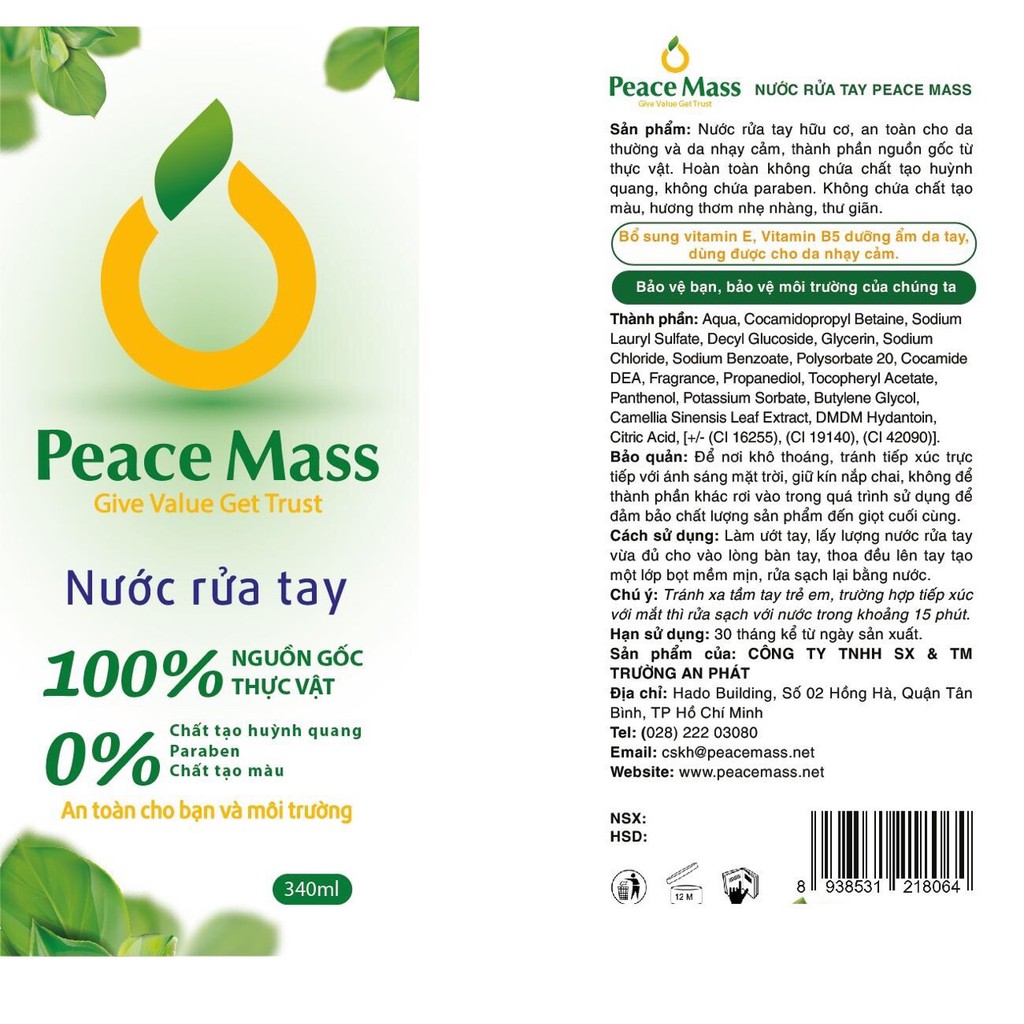 Nước Rửa Tay Khô Hữu Cơ Peace Mass Có Tác Dụng Diệt Khuẩn Không Làm Khô Da 100ml | BigBuy360 - bigbuy360.vn