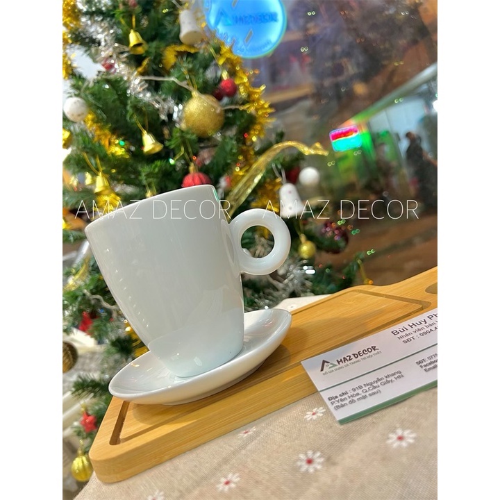 Bộ tách ly cốc sứ uống nước trà latte quai tròn 330ml Bát Tràng trắng trơn  cao cấp kiếu dáng độc lạ