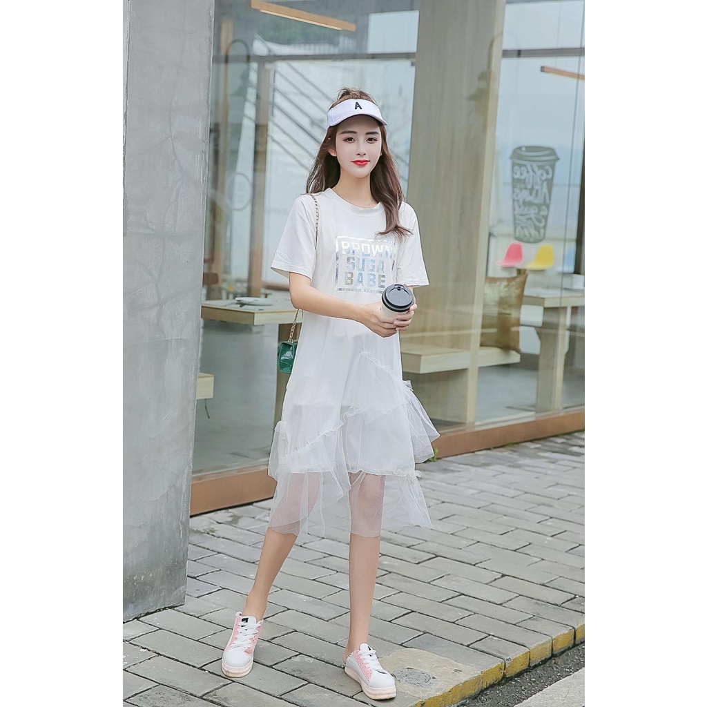Đầm Dài Tay Ngắn Phối Lưới Mỏng Thời Trang Mùa Hè Chất Lượng Cao Cho Nữ Sinh