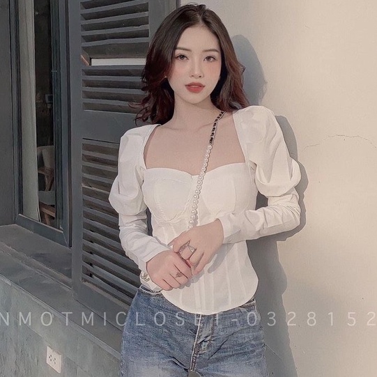 Áo kiểu nữ tay phồng cúp ngực viền ( From Nhỏ Dễ Mặc )