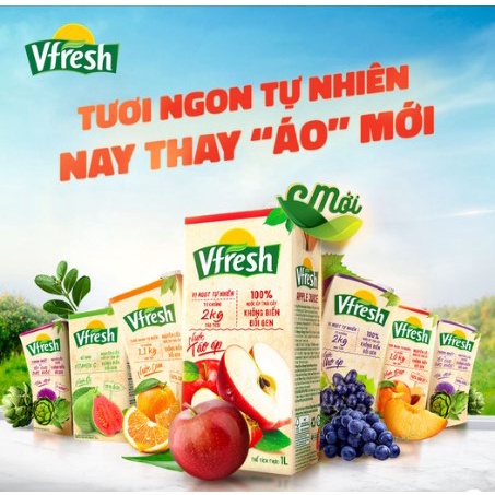 Nước Ép Trái Cây VFRESH Lựu Táo/Kiwi/Nho/Táo/Cam/Ổi Hộp 1L