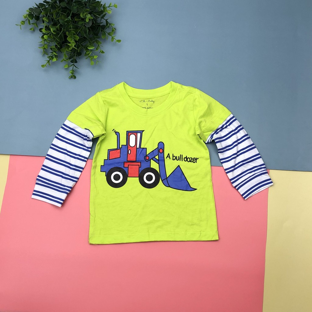 Áo cotton thu đông bé trai dài, phối tay in hình size 1-5T, cho bạn từ 10-18kg, chất cotton dày dặn, đanh tay