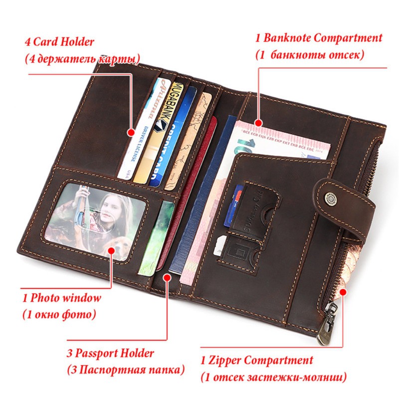 Men's Vintage Leather Long Bifold RFID Wallet Passport Holder
