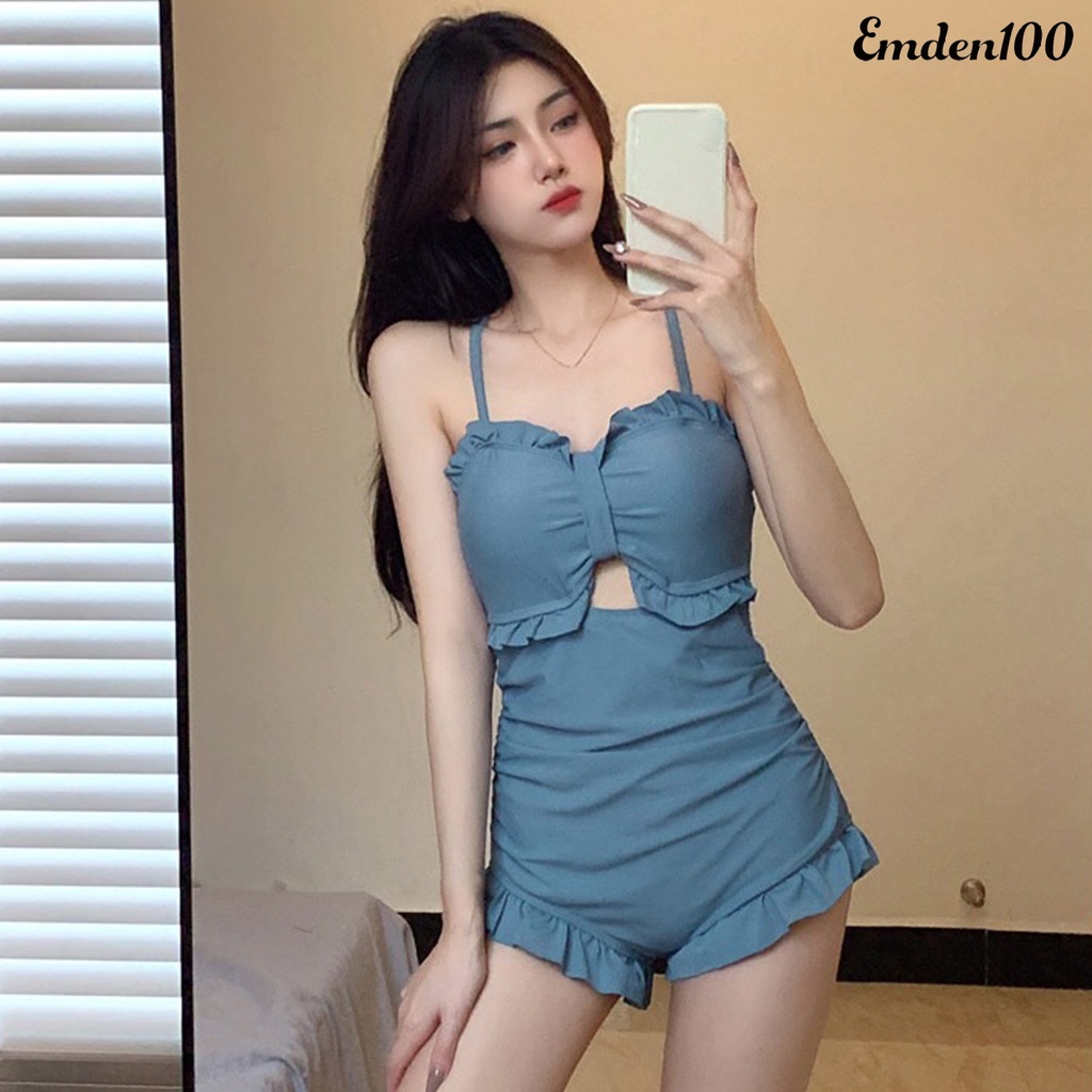 Bộ Đồ Bơi Một Mảnh Hai Dây Phối Bèo Hở Lưng Thời Trang Đi Biển Cho Nữ