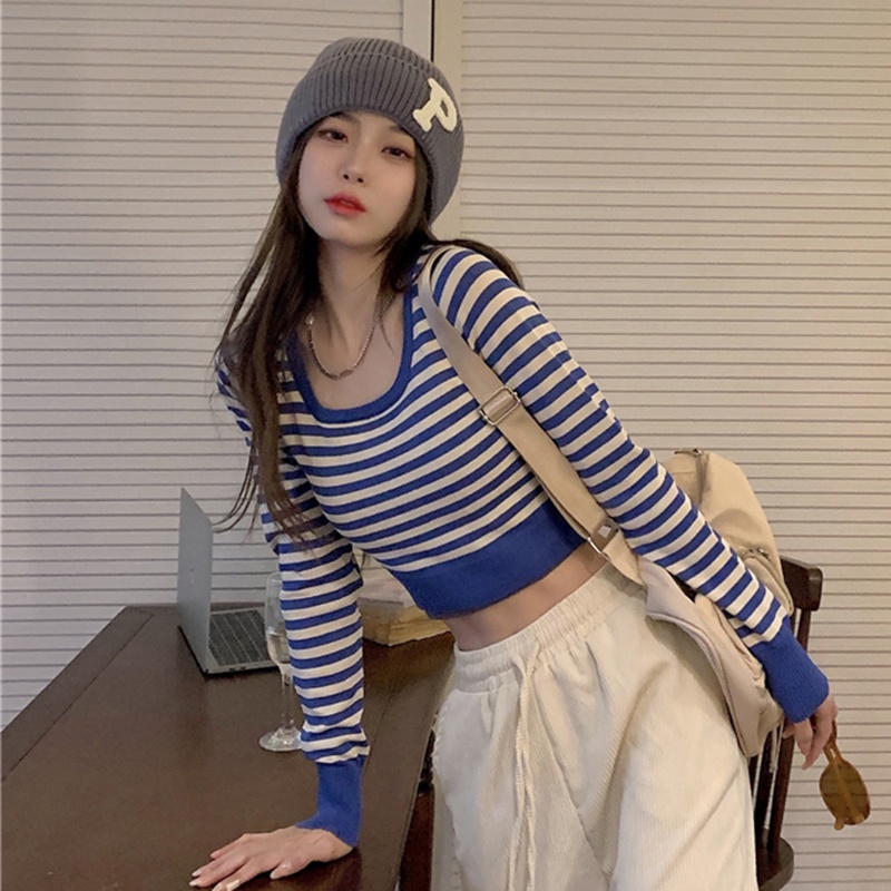 Áo len ZHELIHANGFEI tay dài họa tiết sọc ngang thời trang cho nữ