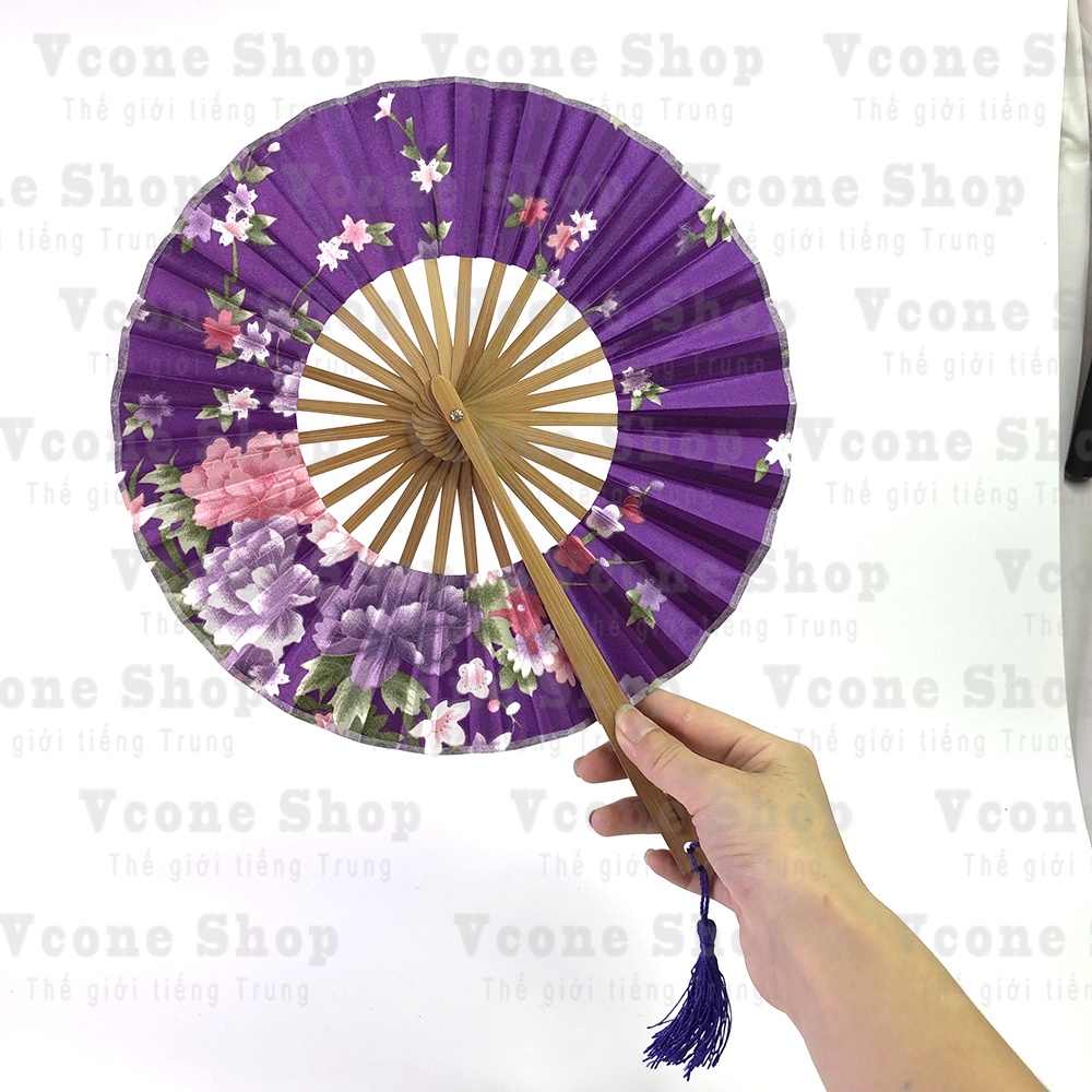 Quạt tròn xếp cổ phong nan gỗ cầm tay phong cách cổ trang Nhật Bản