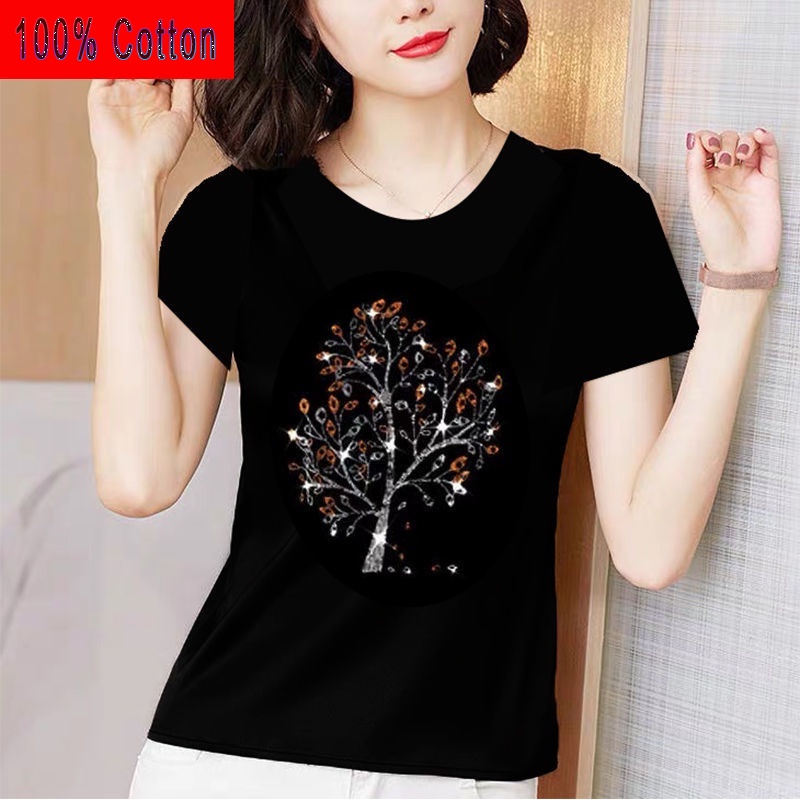 Áo Thun 100 cotton Màu Đen Tay Ngắn Cổ Tròn Cỡ Lớn Thời Trang Cho Phụ Nữ Trung Niên