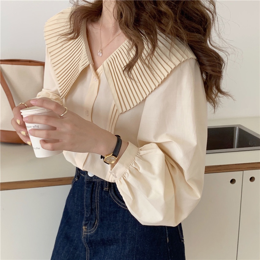 Áo sơ mi kiểu nữ Thiết kế Dài tay Retro Cổ búp bê Ulzzang Hàn Quốc Sơ mi kiểu nữ Ray dài Thời trang