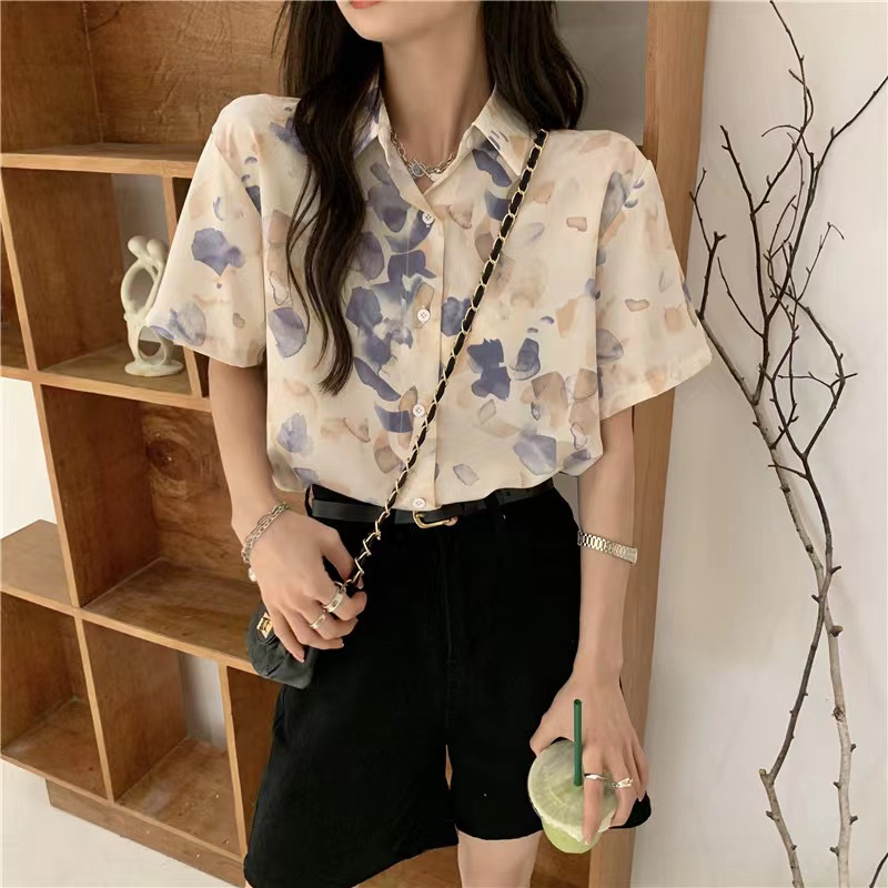 Áo sơ mi SUXI ngắn tay dáng rộng in họa tiết dễ phối đồ thời trang hè vintage cho nữ