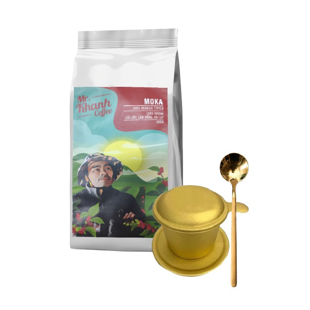 [Mùa mới] Cà Phê Moka Võ Khanh Cầu Đất Arabica Typica Moka 100% K Phiêu (Túi 500g)- Tặng Phin và muỗng inox vàng óng ánh