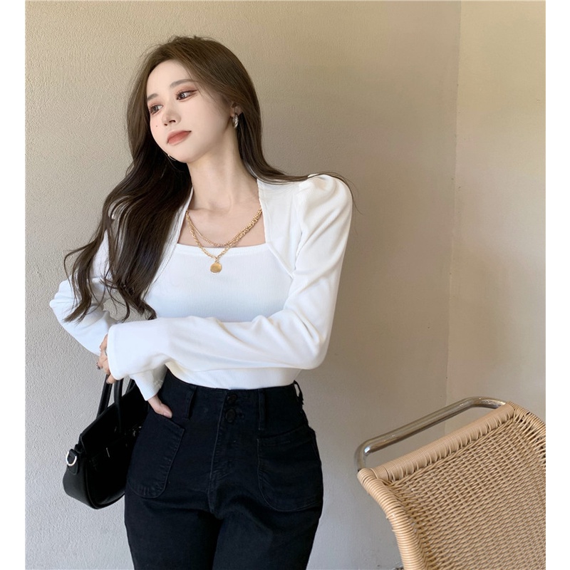 Áo kiểu tay phồng cổ vuông phối dây xích thời trang mùa thu dễ phối đồ