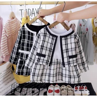 SET BÉ GÁI ÁO KHOÁC DẠ KẺ + ÁO PHÔNG CHÂN VÁY XOÈ