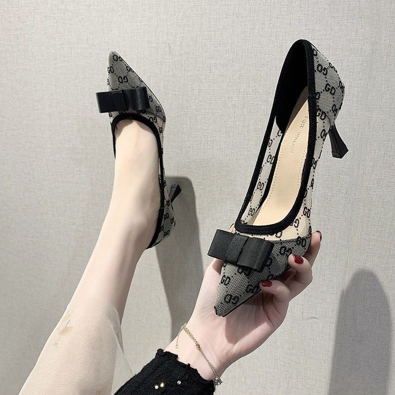 ☜✕ↂHollow bow high heels women s stiletto heel 2021 summer new all-match lace pointed crystal single shoes wedding net yarn
