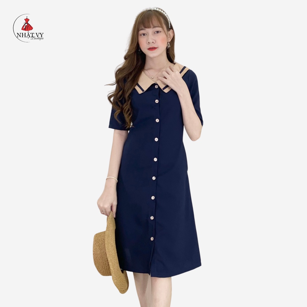 Đầm dáng xòe nữ trơn NHATVY có eo cổ sơ mi phối viền cúc thật - D2117