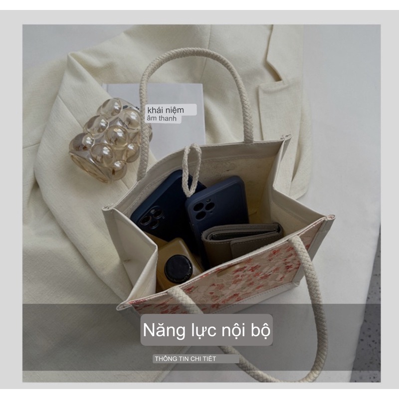 Túi Tote Vải Lanh Phối Ren Vuông Cúc Cài Mẫu Mới Loại Dày Đẹp YM589