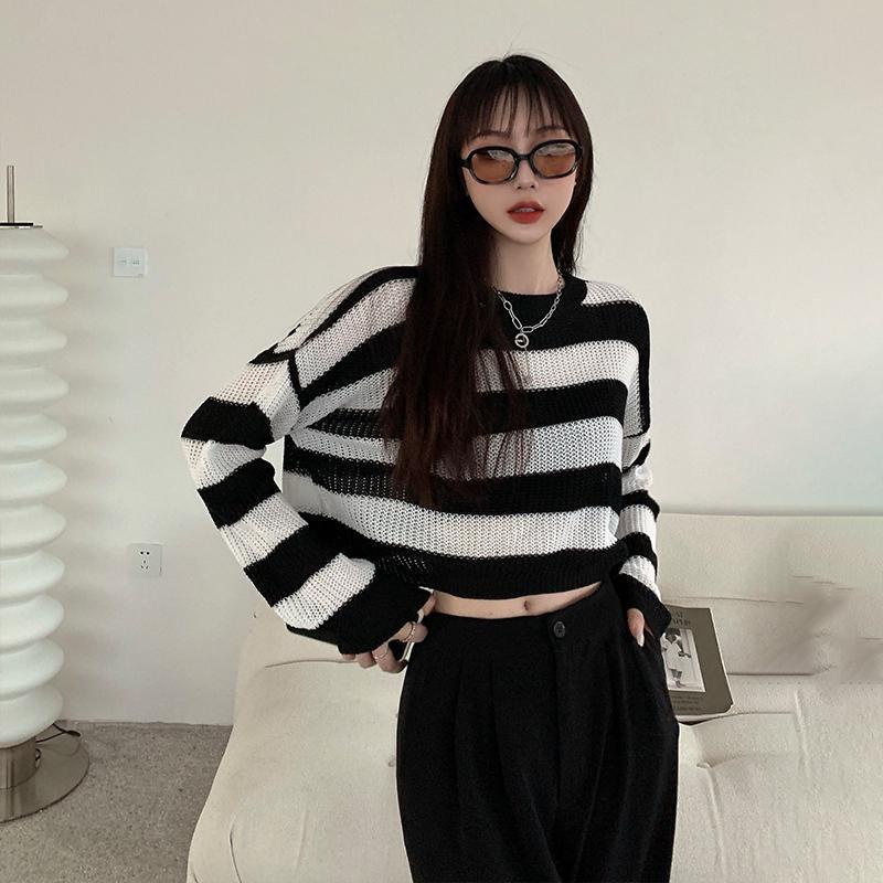 Áo Sweater Dệt Kim Tay Dài Dáng Rộng Kẻ Sọc Trắng Đen Trẻ Trung