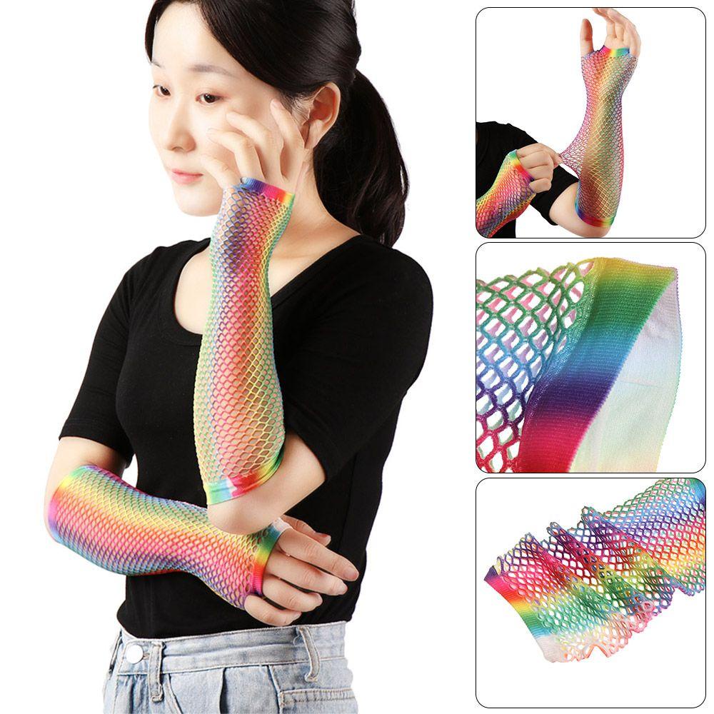 ❦ME❦ Womens Girls Hollow Out Holes Gloves Rainbow In Fingerless Mesh Net Fishnet