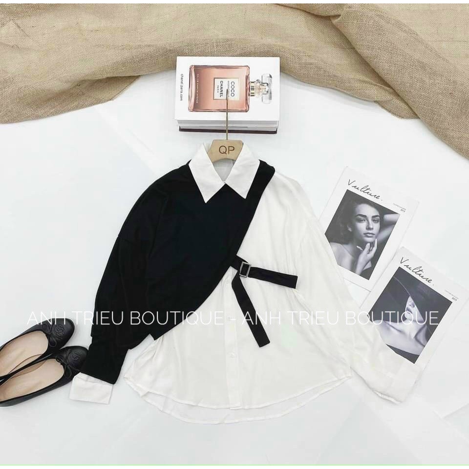 Áo Kiểu Nữ Sơ mi Kèm Đai Khuy Đen Cao Cấp | BigBuy360 - bigbuy360.vn