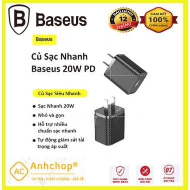 Củ Sạc Nhanh Baseus 20W PD Super Si Type C Hỗ Trợ Sạc Nhanh QC3.0 Kích Cho Android / iPhone - CCSUP-A01
