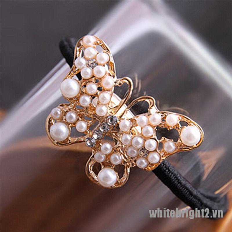 <white2> Crystal Rhinestone Pearl Flower Hair Band Rope Elastic Ponytail Holder NEW Hot