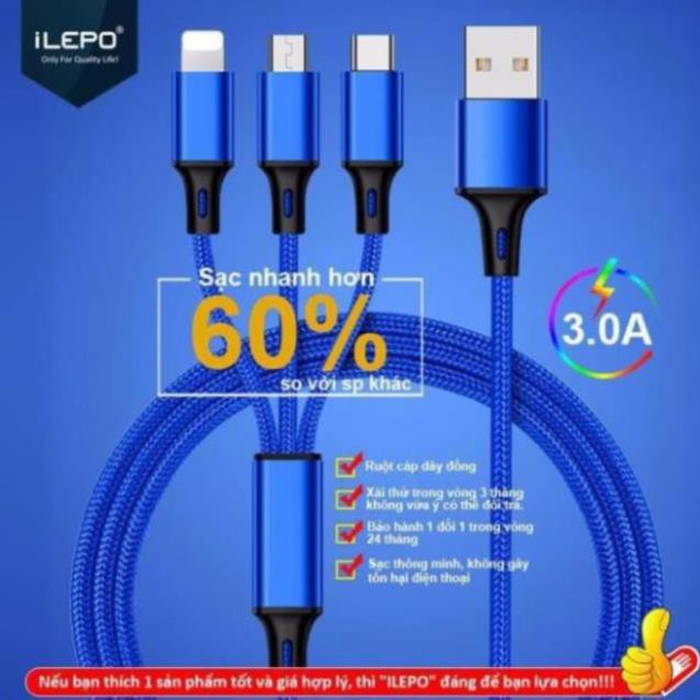 Cáp sạc đa năng 3 in 1 chính hãng sạc nhanh AKUS cổng microUSB / Lightning / Type-C dài 1M, max 2.4A