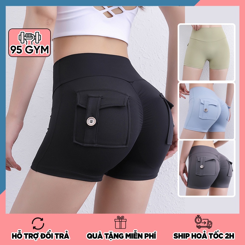 Quần tập gym yoga nữ 95Gym QS17 túi hộp dáng quần đùi short thể thao chất thun co giãn cạp cao