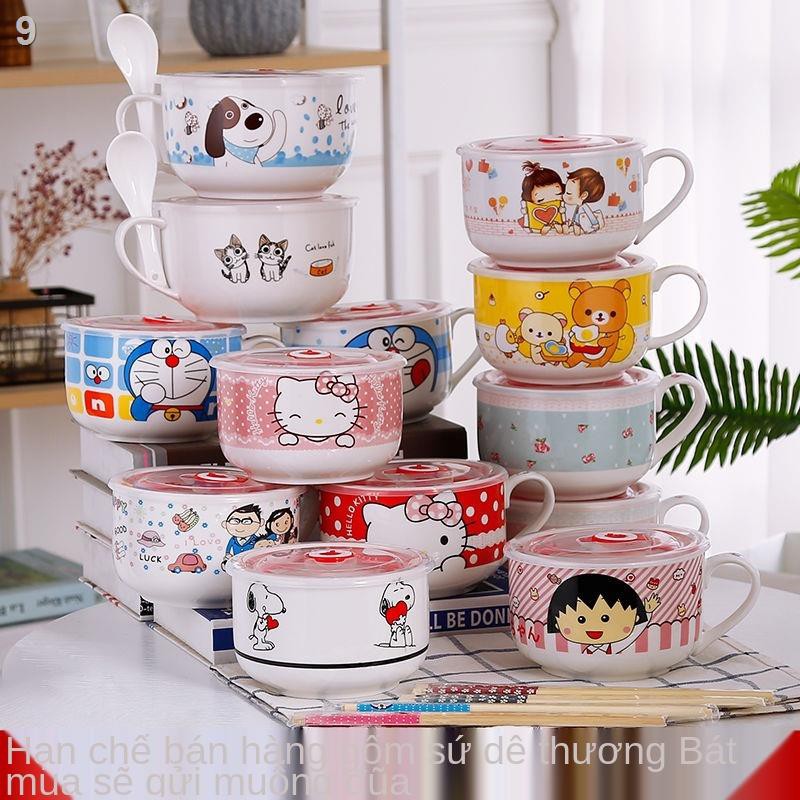 > Bộ đồ ăn Nhật Bản bát giữ nhiệt, mì liền, cốc đựng sữa sáng, gốm sứ, súp, thìa có nắpV