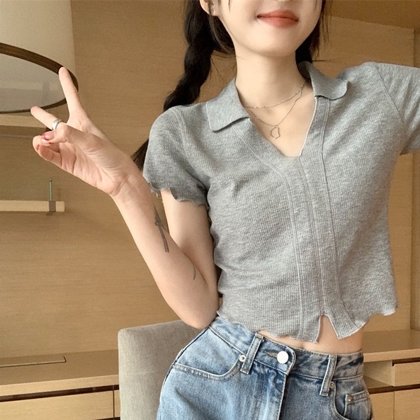 【ZHELIHANGFEI】Áo Thun POLO Dệt Kim Ngắn Tay Hở Eo Quyến Rũ