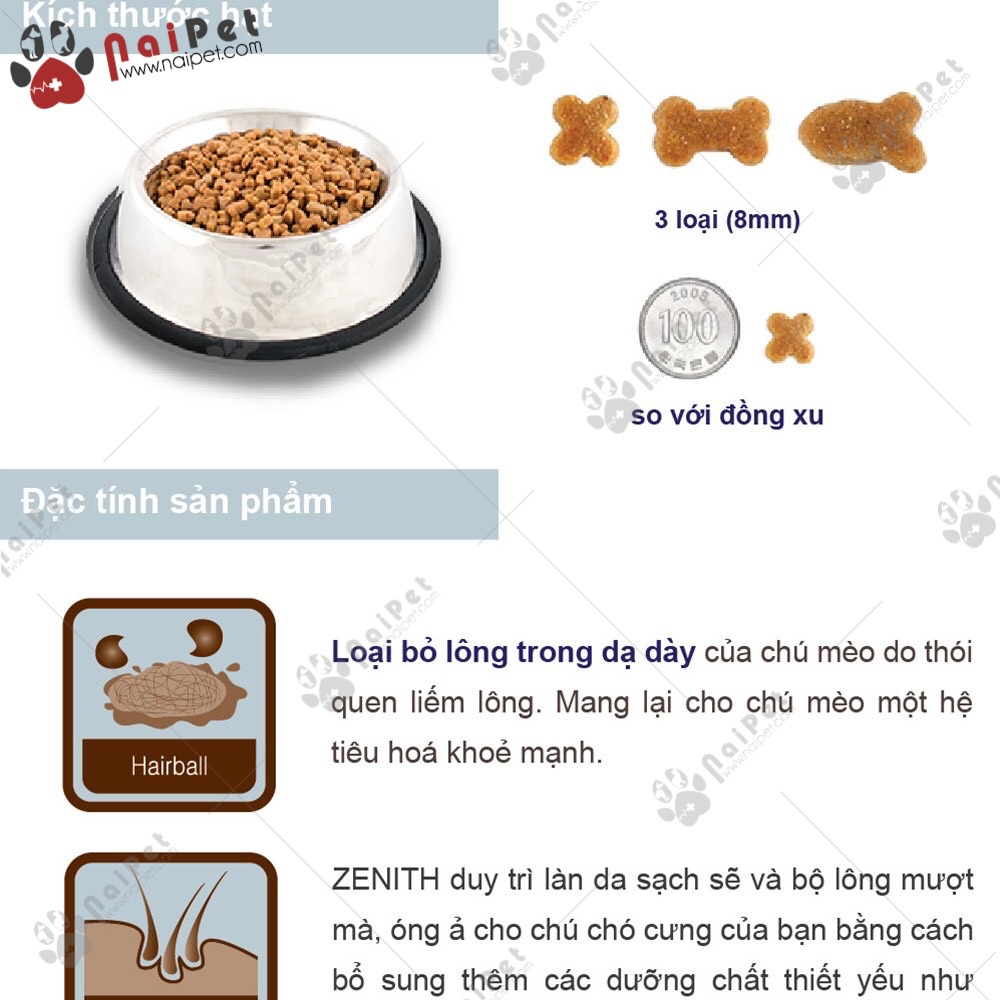Thức Ăn Hạt Mềm Tiêu Búi Lông Cho Mèo Mọi Lứa Tuổi Cá Hồi Và Gà Hairball Care Zenith