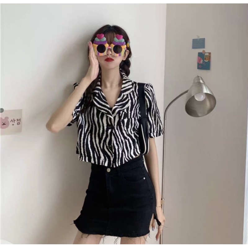 Order áo sơ mi croptop nữ da báo cá tính