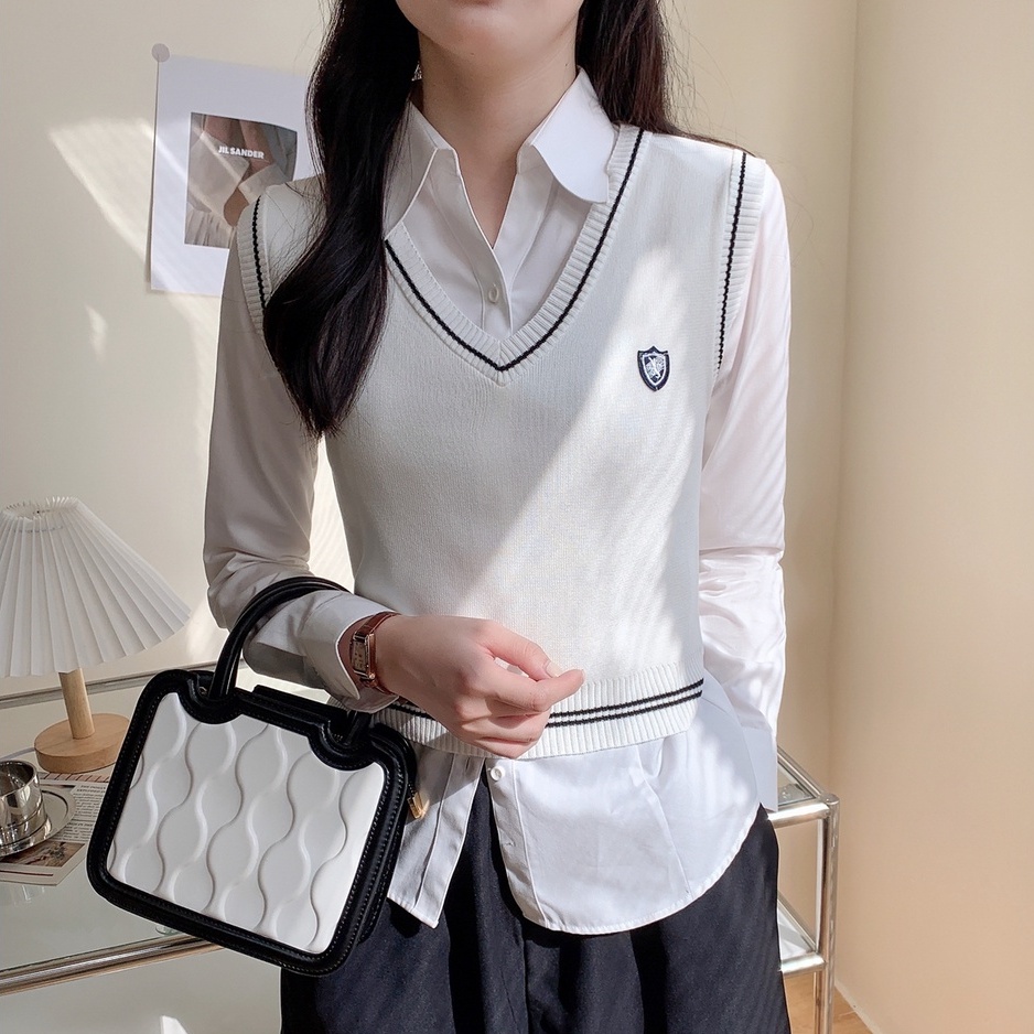Áo Len Không Tay Dáng Rộng Phong Cách Preppy Dễ Phối Đồ