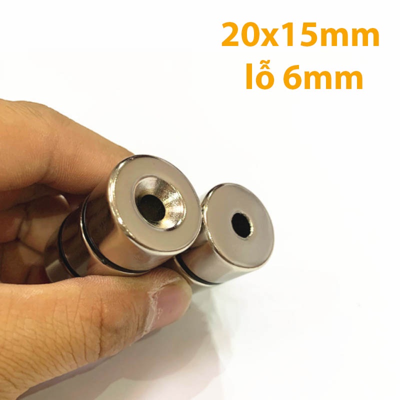 Nam châm đất hiếm 20x15mm lỗ 5mm hít bi sắt siêu mạnh