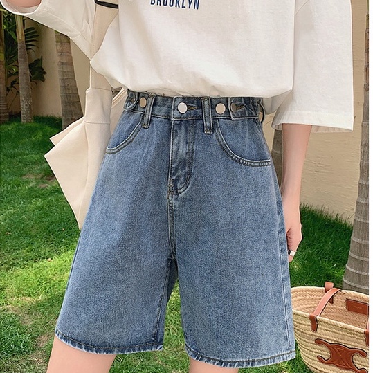 Quần short jean nữ lưng cao ống rộng đai nút chỉnh eo ADO JEANS (SJ1204)