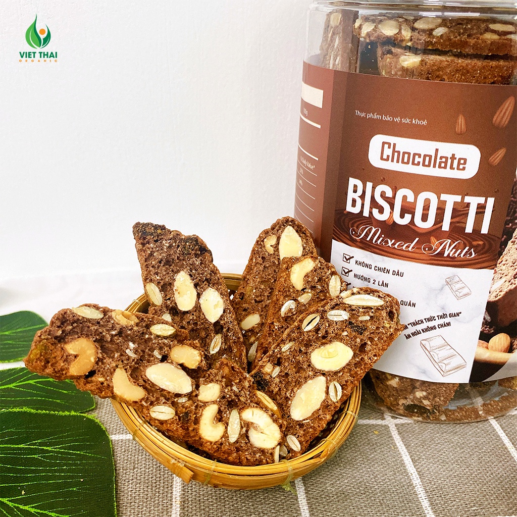 Bánh Biscotti Chocolate ăn kiêng, giảm cân heathly 100% nguyên cám, siêu hạt ăn sáng dinh dưỡng Việt Thái Organic