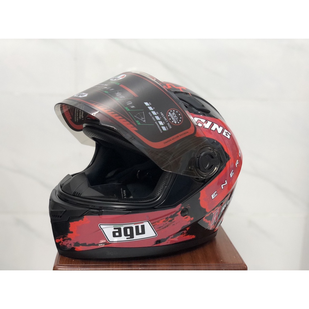 Mũ fullface AGU RACING đỏ gắn sừng batman - Nón bảo hiểm trùm đầu đi phượt