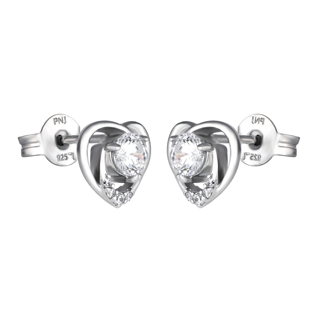 Bông tai bạc đính đá PNJSilver hình trái tim XMXMK000114