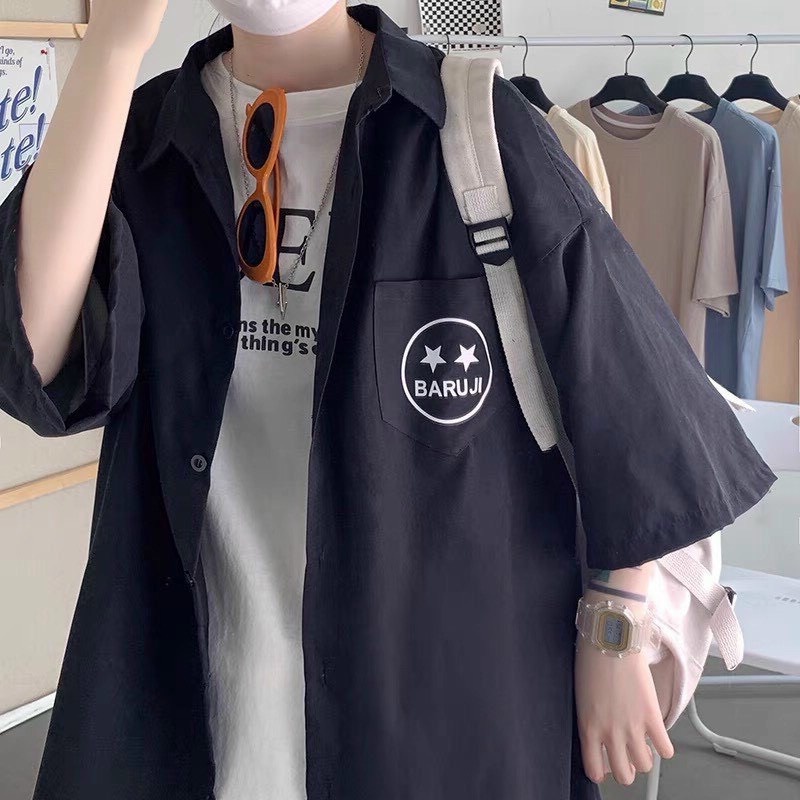 Áo Sơ Mi BARU JI Tay Ngắn Mặt Cười Unisex, Áo Sơ Mi Kaki Tay Lỡ Nam Nữ GOVA