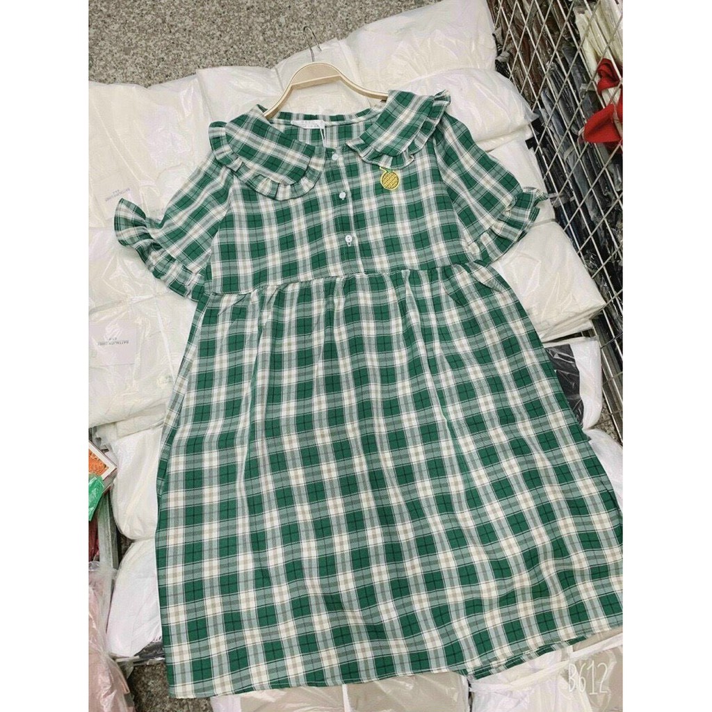 Đầm kate sọc caro baby cổ bẻ ngắn tay