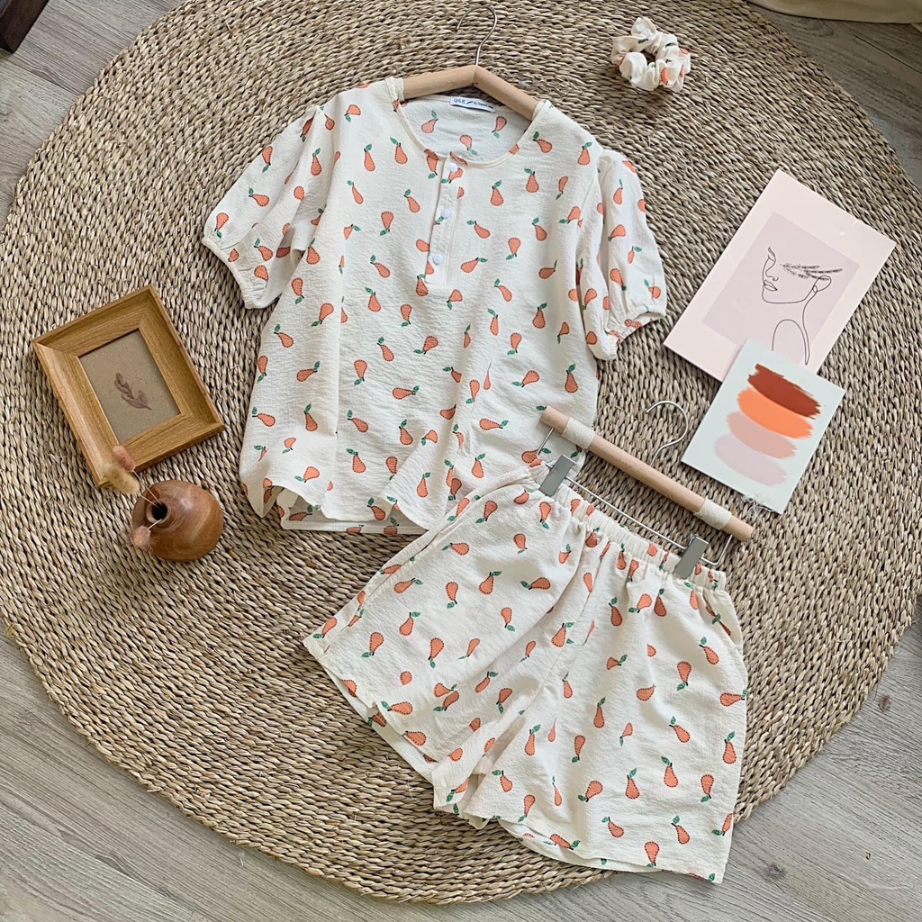 [New/Sẵn] Bộ đồ mặc nhà pijama kèm chun họa tiết dễ thương ulzzang