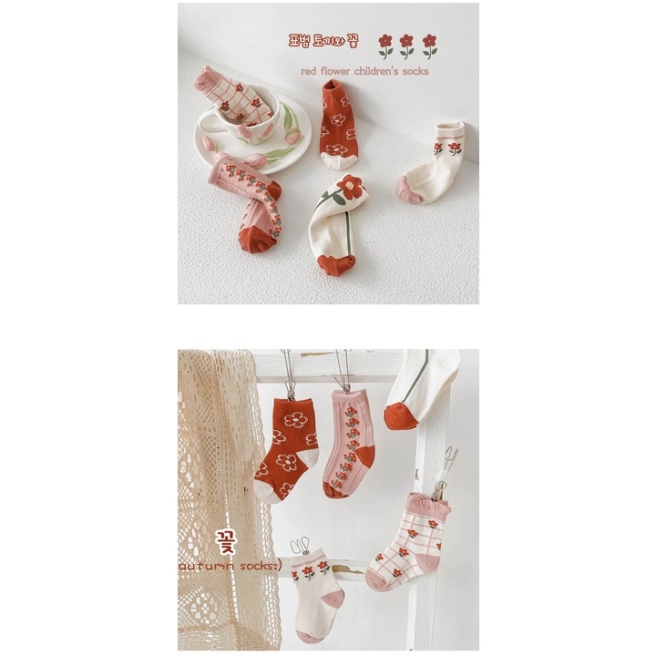 Set 5 Đôi Tất/Vớ Cotton Phong Cách Hàn Quốc Họa Tiết Hoa Vintage Dễ Thương Cho Bé Gái (1-12 tuổi)