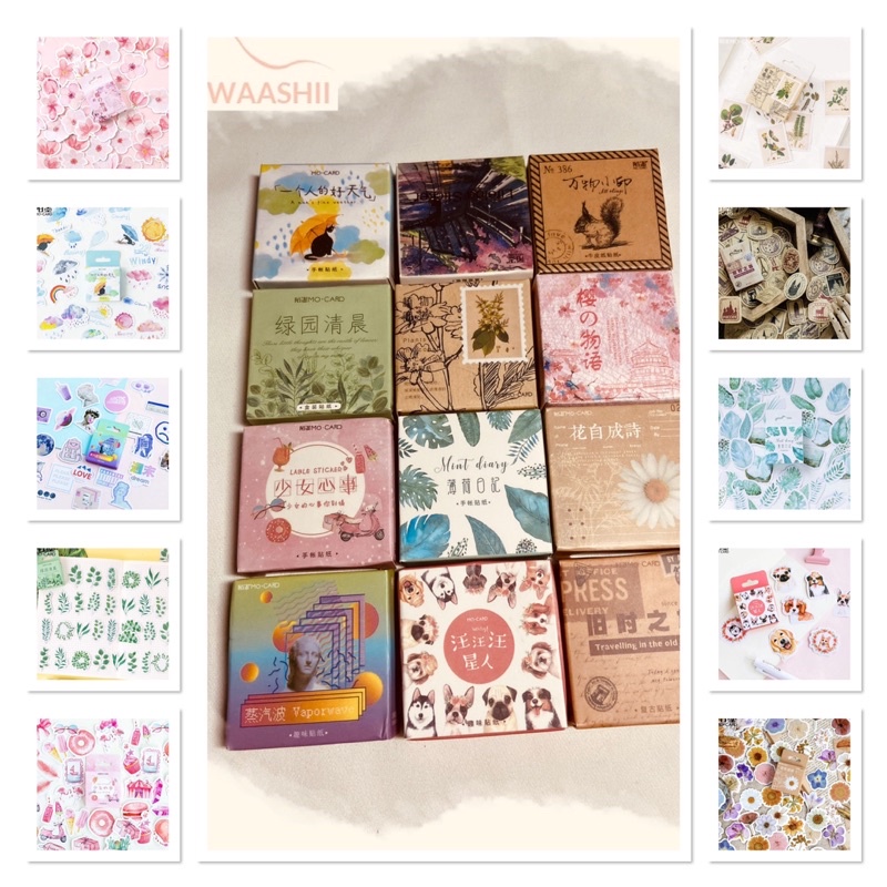Hộp 45 sticker hình dán cute/ retro trang trí sổ tay, nhật ký, bullet jounal