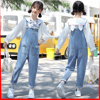 Set áo thun dài tay + quần yếm jeans thời trang cho bé gái