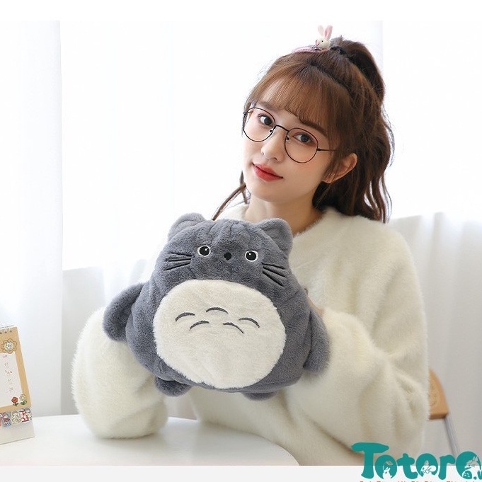 Túi sưởi điện kèm gối đút tay Totoro lông dài mịn cao cấp đa năng