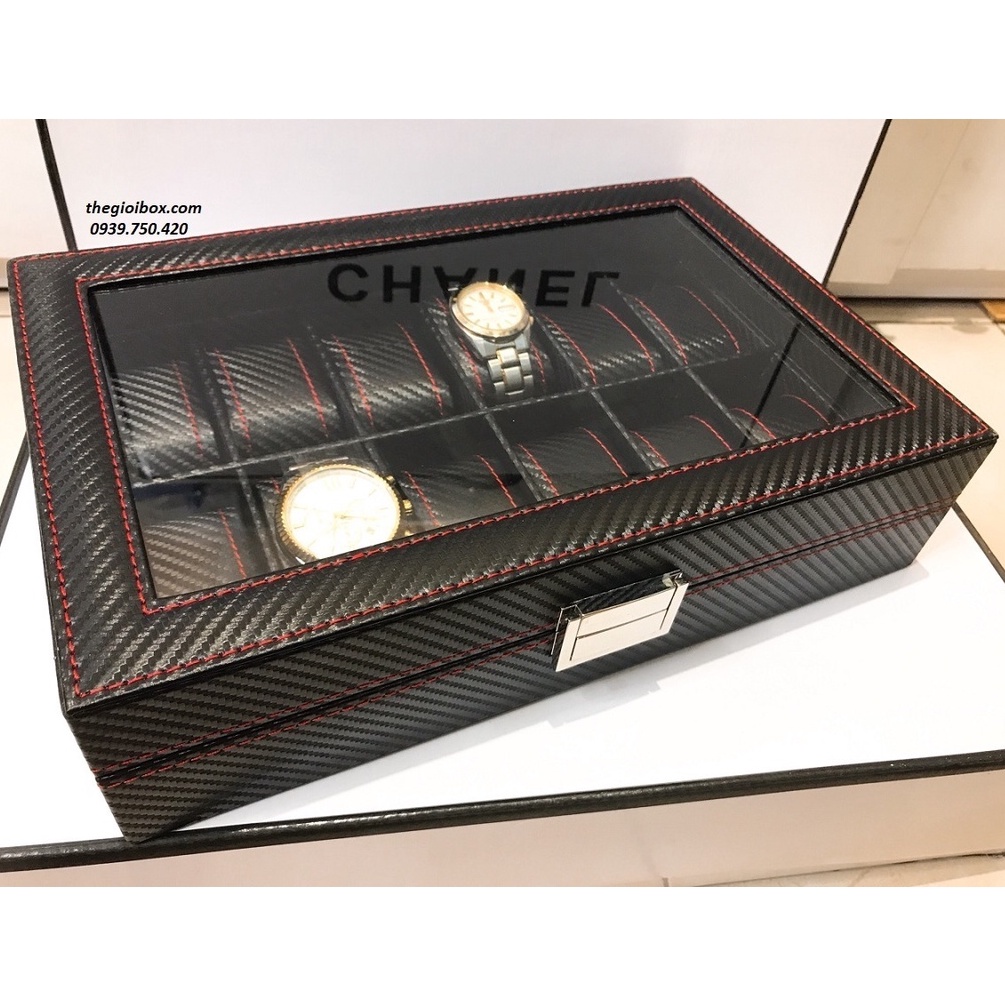 Hộp Đựng Đồng Hồ 12 Ngăn Da Vân Cacbon Cao Cấp - Nắp Kính Chống Bụi [BH 12T]