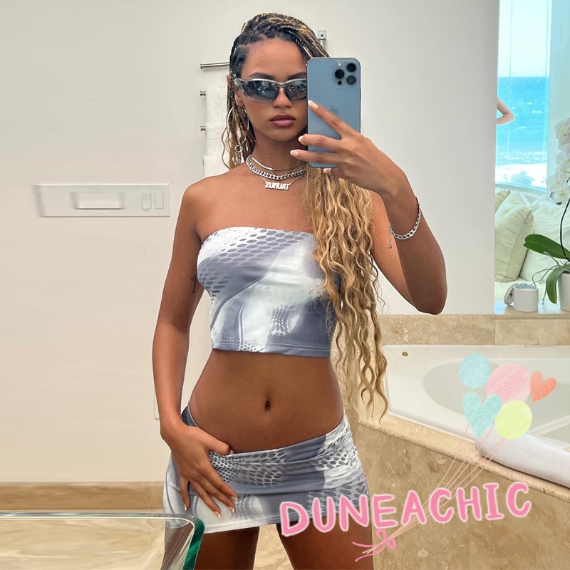 DUNEA Bộ Áo Ống In Họa Tiết + Chân Váy Mini 2 Mảnh Gợi Cảm Cho Nữ