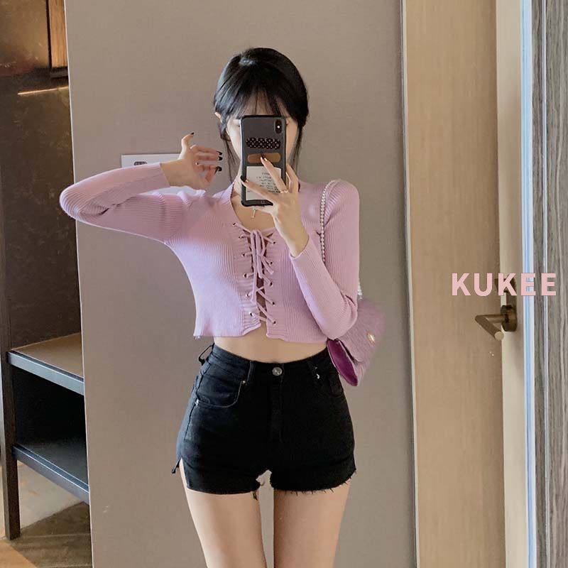 Áo Croptop Dài Tay Cổ Chữ V Xinh Xắn Phong Cách Hàn Quốc | BigBuy360 - bigbuy360.vn